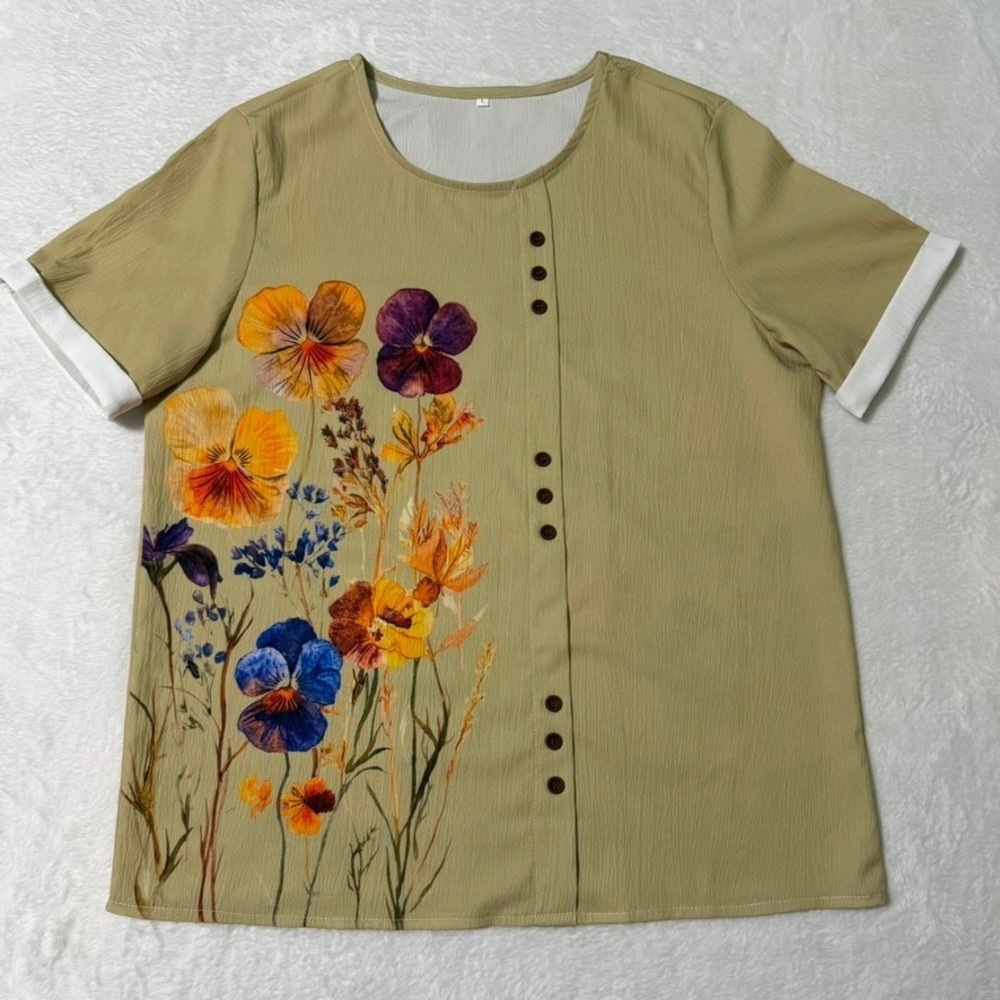 Floral Blouse Women Lg Sage Green Pansy Graphic Button Detail Whimsical Garden